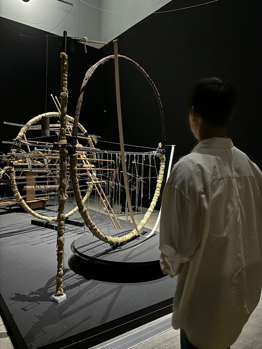 Rok, seen from behind, looking at a large sculpture in a dark gallery